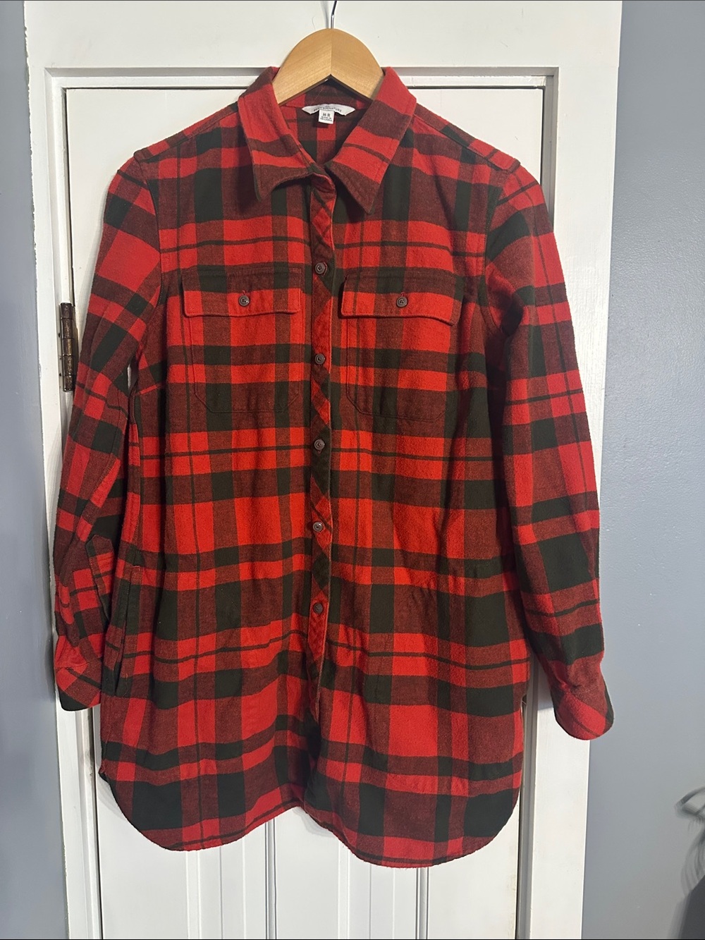 L.L. Bean Signature Chamois Plaid Tunic Shirt Shacket Red Black Medium MR